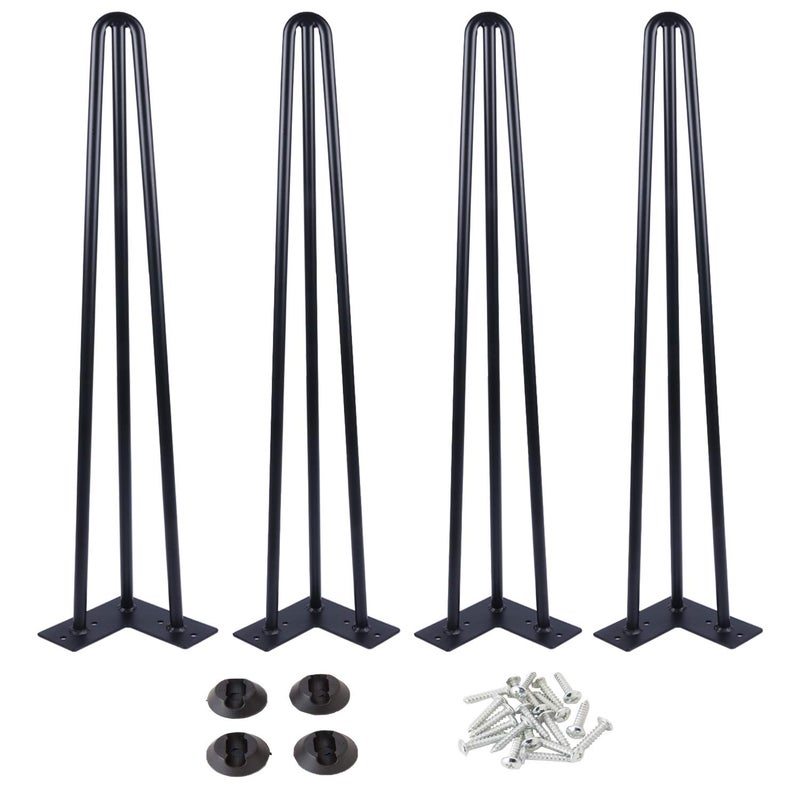 Osring 34 Inch Hairpin Table Legs with 1/2â€ Dia 3-Rods, Metal Furniture Legs for Coffee Table and TV Stand, Mid-Century Black Hairpin Feet with Floor Protector, 4 Pack - Image 1